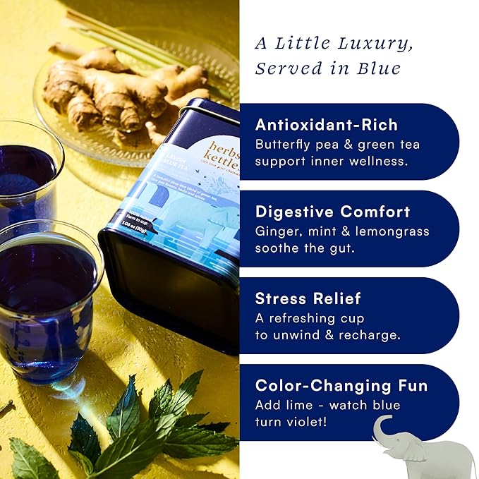 Herbs & Kettles Lavish Blue Tea | Butterfly Pea Flower Tea with Darjeeling Green Tea, Lemongrass, Ginger & Mint | Color-Changing Herbal Loose Leaf | Antioxidant Rich, Stress Relief & Skin Glow | Premium Tea Gift