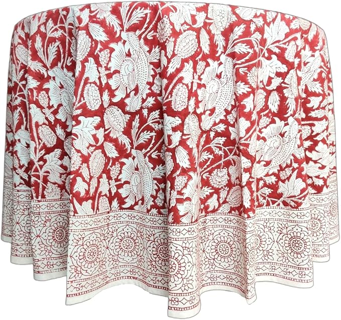 ATOSII Meraki Red 100% Cotton Round Tablecloth, Handblock Print Floral Table Cloth for Kitchen Dining Linen I Parties, Weddings, Outdoors I 60" Inches Round I 4 Seater
