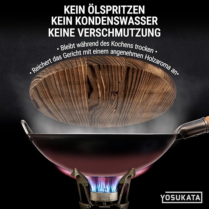 YOSUKATA Blue Round Bottom Wok Pan – 14" Stir Fry Pans Premium Wok Cover 14 inch - Wooden Lid