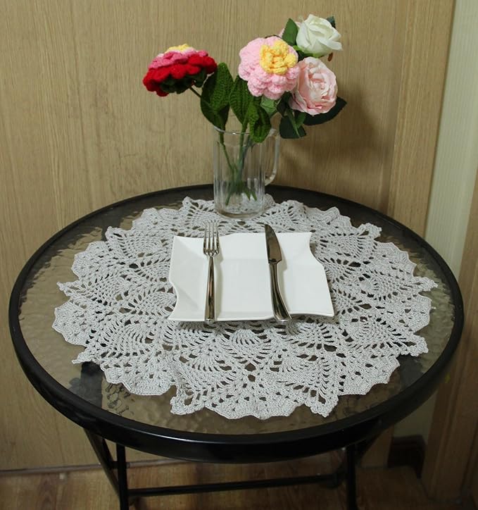 BIBITIME Lace Tablecloth Doily Handmade Crochet Placemat Women Vase Mat Kitchen Table Runner (1PC- 18 in to 20 in, Light Grey)