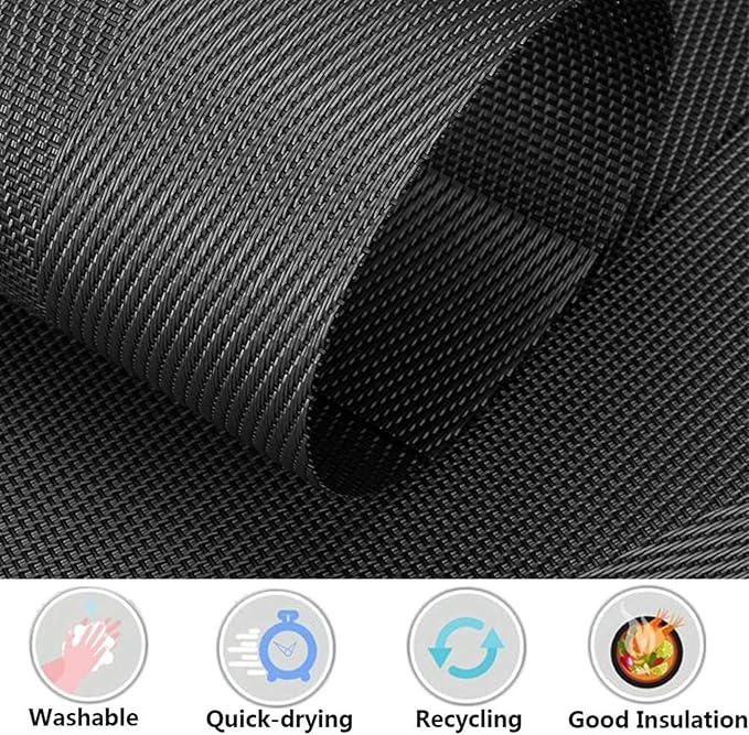 Set of 6 Placemats Black Place Mats Crossweave Woven Non-Slip Washable Table Mats for Table Dining Kitchen and Reataurant(Black)