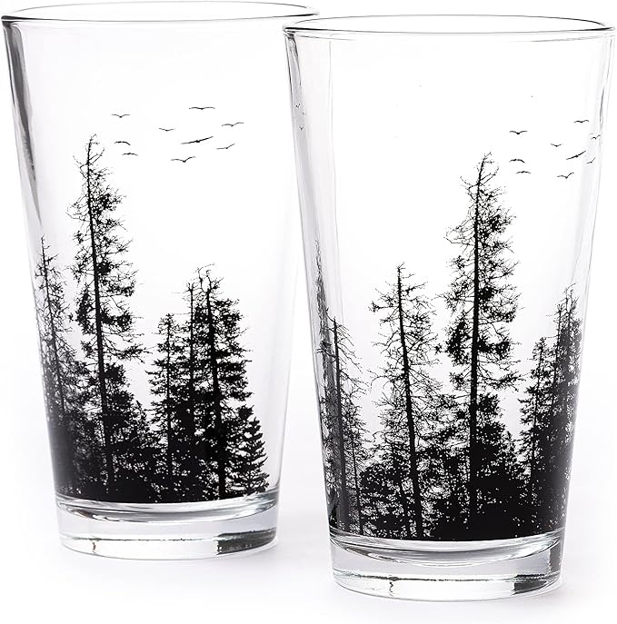 Black Lantern Nature Themed Pint Glasses Set of 2 – Pine Tree Forest Landscape Hand-Printed Beer Glass Set - 16oz. Capacity
