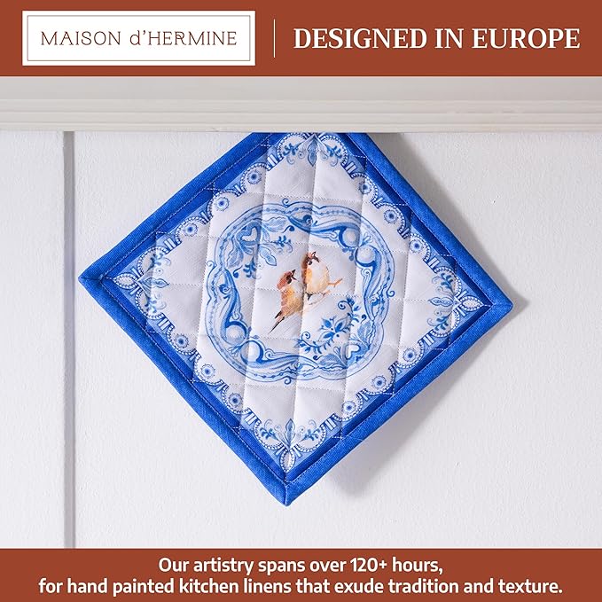 Maison d' Hermine Pot Holders 100% Cotton Heat Resistant Potholders 8" x 8" Hot Pads with Loop BBQ, Cooking, Baking, Grilling, Kitchen, Handling Hot Pans Spring/Summer (Pack of 1, Amsterdam Canals)