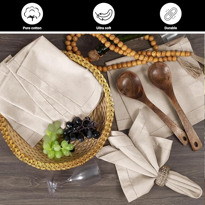 Homidate Linen Flax Cotton Cloth Dinner Napkins Set of 12 – 20x20 Natural Hemstitched Fabric – Machine Washable Elegant Reusable Table Napkins for Weddings, Parties & Dining Décor