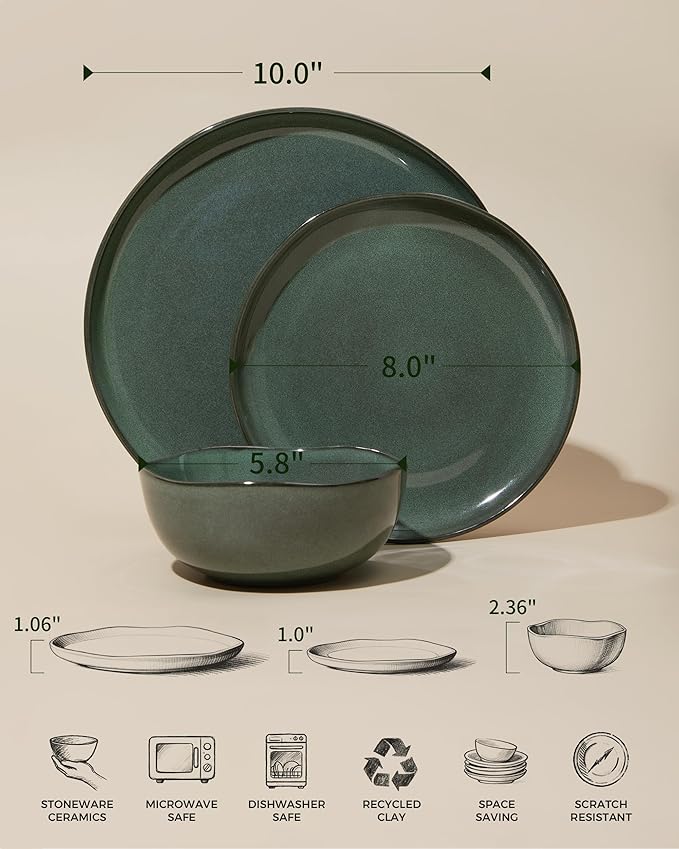 Large Holiday Dinnerware Sets for 8, Ceramic Plates and Bowls Set, Kitchen Dish Set, Microwave & Dishwasher Safe Dishware, Perfect for Christmas & Thanksgiving, Forest Green