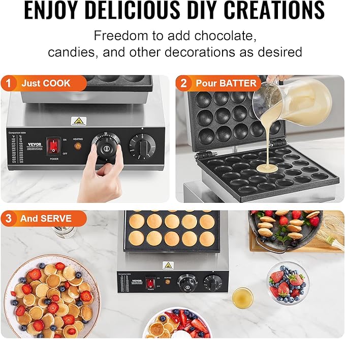 VEVOR Mini Dutch Pancake Maker, 25PCS 43mm Diameter Dorayaki Baker Machine, 1700W Commercial Electric Poffertjes Grill, Non-stick Stainless Steel, Temp & Time Control, for Home Kitchen Restaurant