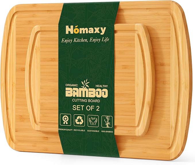 Homaxy Bamboo Cutting Boards for Kitchen Set of 2, Wood Cutting Board Set with Juice Groove, Wooden Butcher Block Chopping Board Set for Kitchen, Meat, Cheese, Fruit & Vegetables - Pre Oiled, Two-Tone