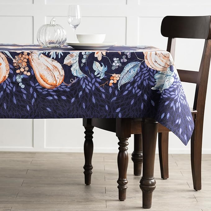 Maison d' Hermine Table Cloth Rectangle Table 100% Cotton 70 x 90 Inches Fall Tablecloth Reusable Everyday Use for Thanksgiving Christmas Decorations Dining Farmhouse Party (Pumpkin Blues)