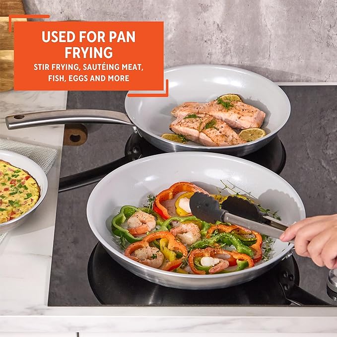 IMUSA 8” & 10” Stainless Steel Frying Pan Set with Gray Ceramic Non Stick Coating, 2 Ply Aluminum Construction, Oven Safe and Induction Compatible Skillet Duo