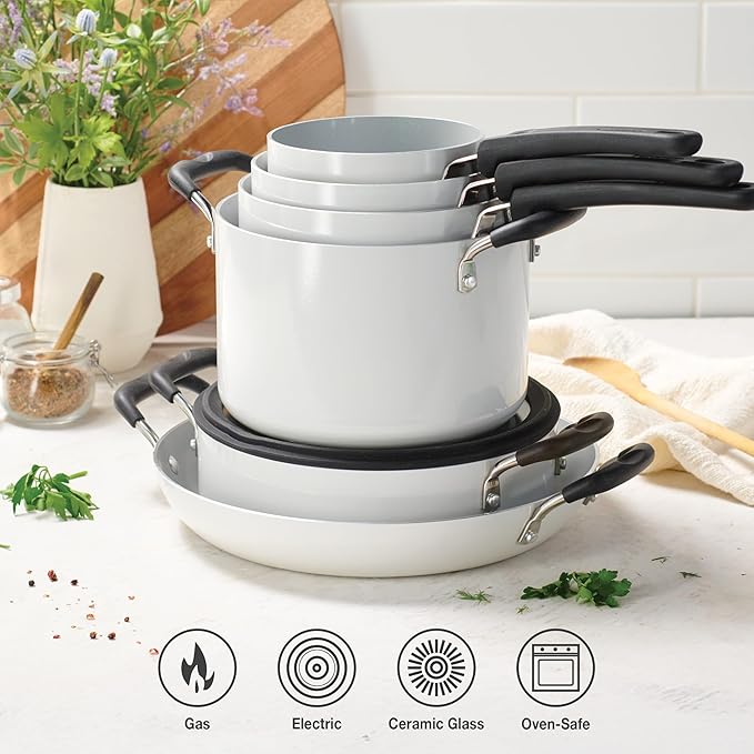 Tramontina Ceramic Non Stick 11-Piece Nesting Pots and Pans Set with Lids - Stackable Nonstick Cookware Set, Dishwasher and Oven Safe, White