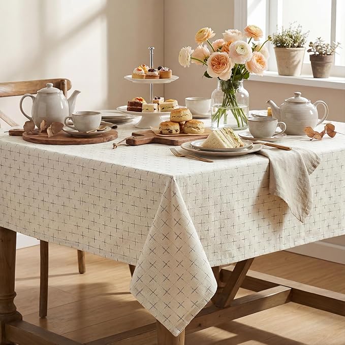 Horaldaily White Rectangular Table Cloth, Cross-Star Solid Textured Embroidery Tablecloth, Wrinkle Free Washable 60×84 Inch Table Cover for Kitchen, Party, Wedding, Picnic, Outdoor