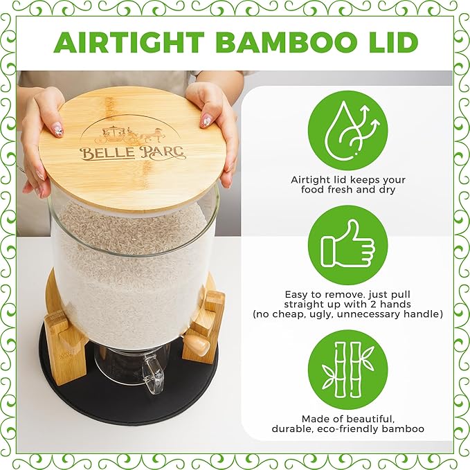 Glass Rice Dispenser 10 lbs, with Airtight Lid & Labels & Slider mat. Make your glass rice container Glass AND Bamboo rice container! Best 5L capacity grain dispenser and rice holder