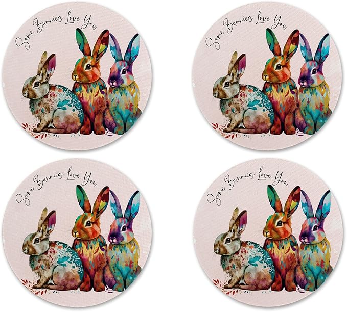 Happy Easter Bunny Design Cute Neoprene Drink Coasters (Set of 4) Spring Coffee Table Patio Decor - Handmade by The Painted Pug (Some Bunnies Love You)
