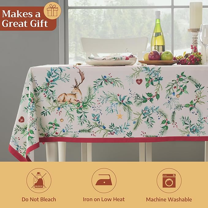 Maison d' Hermine Table Cloth Square Table 100% Cotton 54 x 54 Inches Fall Tablecloth Reusable Everyday Use for Thanksgiving Christmas Decorations Dining Farmhouse Party (Holly Time)