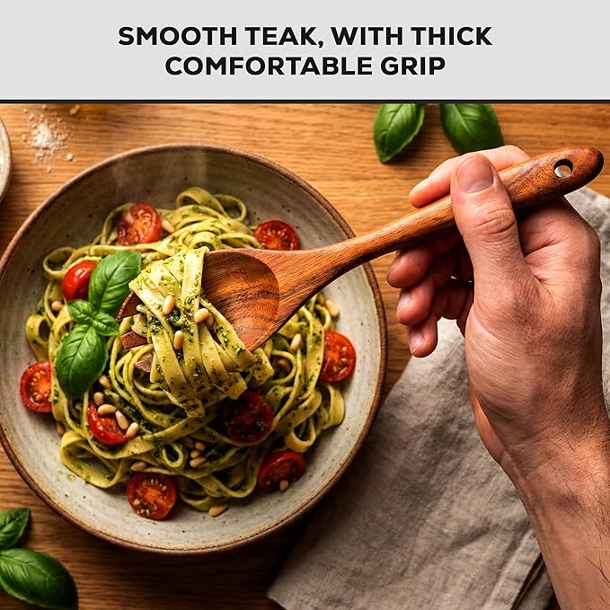 Zulay Kitchen 6-Piece Wooden Spoons for Cooking - Smooth Finish Teak Wood Utensils - Soft Comfort-Grip Cooking Wood Spoons Non-Stick Teak Easy to Clean Utensils Heat Resistant Non-Scratch Spoon Sets