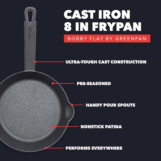 GreenPan x Bobby Flay 8” Cast Iron Pre-Seasoned Skillet with Helper Handle, Professional Grade Heavy Duty, Induction Suitable, Versatile Stovetop, Oven, BBQ, Fire & Grill, Indoor & Outdoor Use, Black