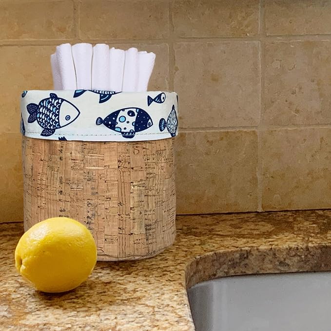 Reusable Paper Towel Set/Towels & Cork Fabric Basket/American Made/Machine Washable/Absorbent and Durable Edges and No Pilling/Reversible (Fish & Cork Bin, 12 Cloths)
