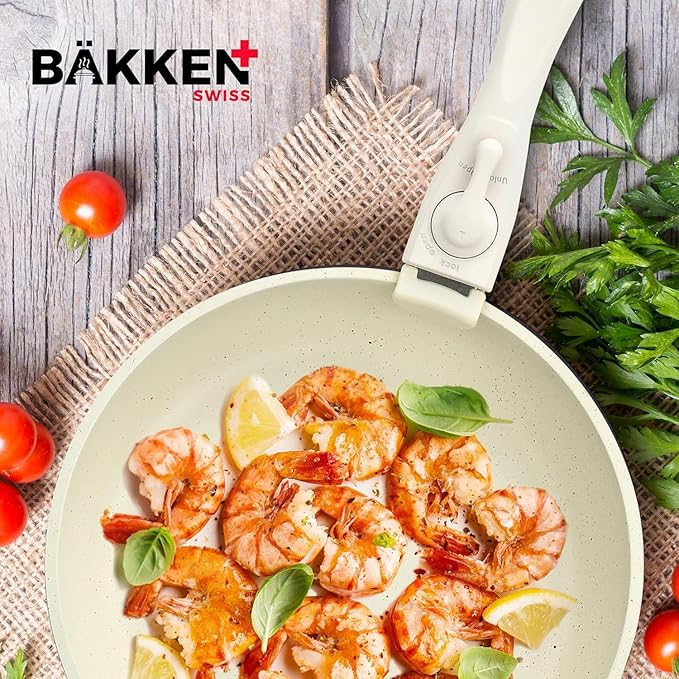 Bakken 15-Piece Non-Stick Cookware Set with Detachable Handles – Granite Stackable Pots and Pans Set, Dishwasher Safe, Oven-Safe, and Compatible Kitchen Essential for All Stoves – Cream