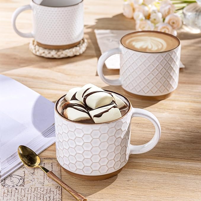 GBhome 12OZ Stackable Coffee Mugs with Stand, Ceramic Coffee Mugs with Texture Patterns for Man,Woman,Dad,Mom, Modern Coffee Cups Set of 4 for Latte/Cappuccino/Cocoa. Dishwasher&Microwave Safe
