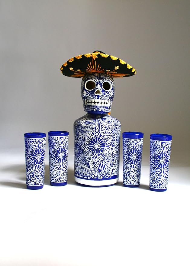 Tequila Decanter Set, Liquor Decanter with Shot Glasses and Mexican Sombrero, Hand-painted Decanter, Skull Decanter, Bar Decoration, Unique Tequila Gift, Gift For Dad (Blue Decanter Set)