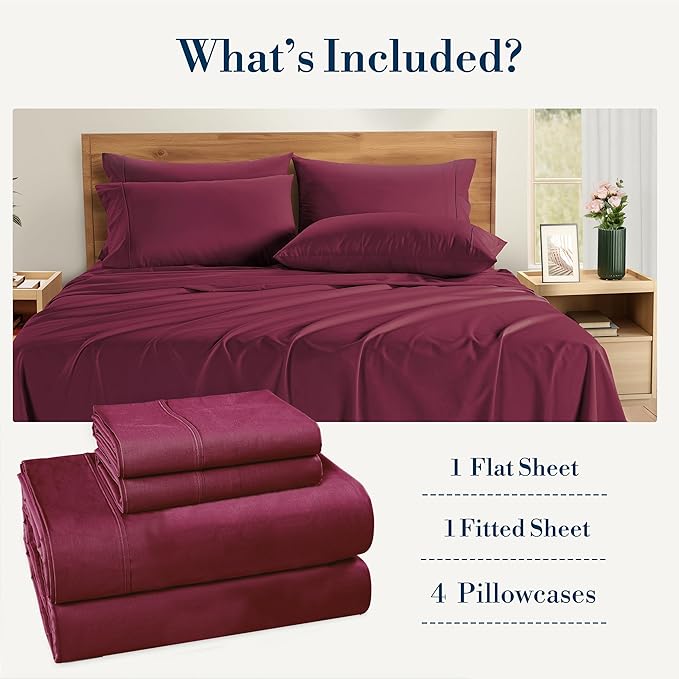 Casa Platino Twin Size Sheet Set – 4 Piece Cooling Sheets Twin Size 100% Cotton Crisp Percale Sheets with Breathable & Cozy Feel, 15" Deep Pocket Fitted Sheet for Secure Fit – Windsor Wine