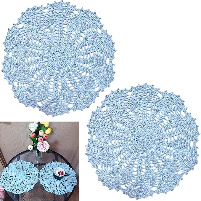BIBITIME 2PCS 11 inches to 12 inches Lace Doilies Crochet Handmade Lace Coasters Round Placemat Rustic Table Doilies Decors for Kitchen Dining Room Party Dressers Light Blue