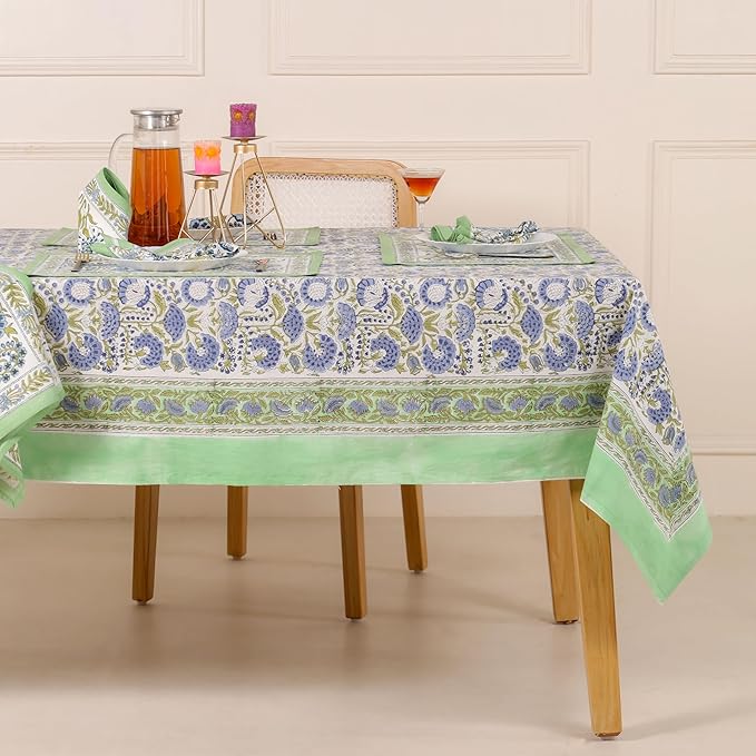 Hand Block Printed Table Cover - Exquisite Design, Premium Cotton Fabric, Perfect for Dining and Decor, Dining Table Linen (Moss Green, 14 Seater 72 x 160 Inches Rectangle)