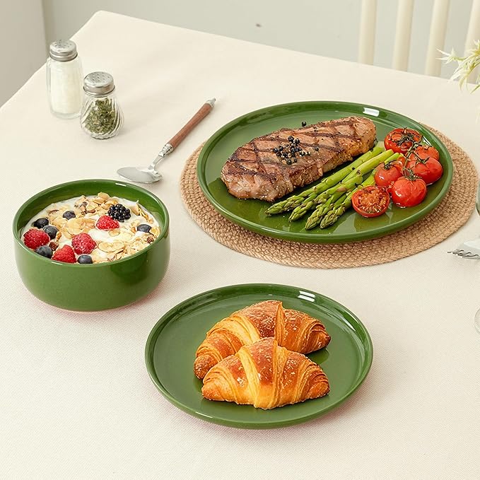 12 Piece Dinnerware Set, Dual Glaze Stoneware Plates and Bowls Sets, Modern Dinner Plate, Salad Plate, Cereal Bowl, Dish Set for 4, Microwave and Dishwasher Safe, Forest Glaze Green