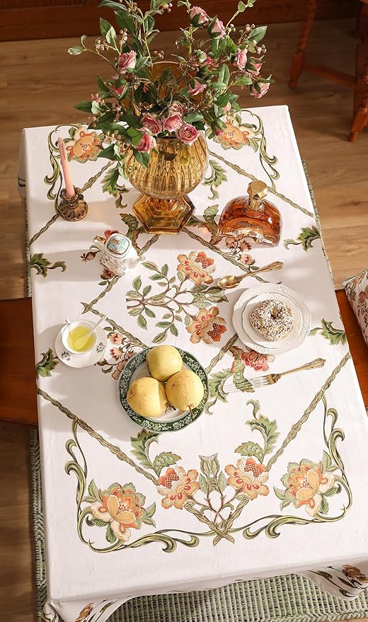 patdrea Designer Linen Rectangle Tablecloth,Vintage French Floral Tablecloths,Wrinkle Free Table Cloth,Decorative Table Cover Cloth for Kitchen,Dining,Tea Party,Home,Christmas,63"*87"