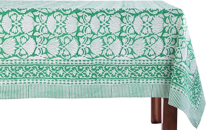 ATOSII Meadow Green 100% Cotton Rectangle Boho Tablecloth, Handblock Floral Table Cloth Linen for Kitchen Dining I Parties Wedding Outdoors Picnis I 72 X 120 Inches I 10 Seater