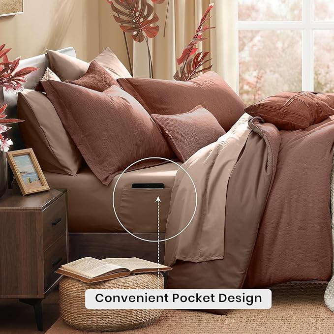 Monbix Twin XL Comforter Set Terracotta, Cationic Dyeing Bedding Set Reversible 5 Pieces, All Season Bed in a Bag with Comforter, Sheets, Pillowcase & Sham