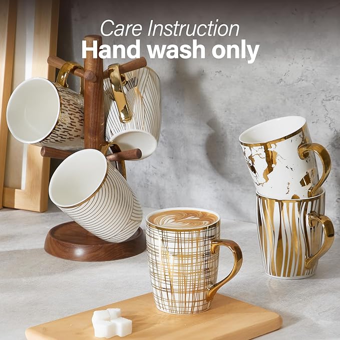 ONEMORE Coffee Mugs 18oz - Gold-Plated Ceramic Mugs for Latte, Hot Tea, Cappuccino, Mocha, Cocoa - Luxury Gold Trim Mug Set of 6, White & Gold, Multicolored