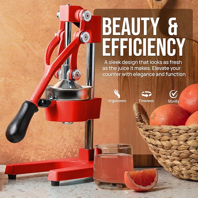 Zulay Kitchen Cast Iron Juicer - Easy-to-Clean Heavy-Duty Manual Juicer, Professional Citrus Juicer - Stainless Steel Lemon Squeezer - Manual Citrus Press & Orange Squeezer - Orange Juicer (Red)
