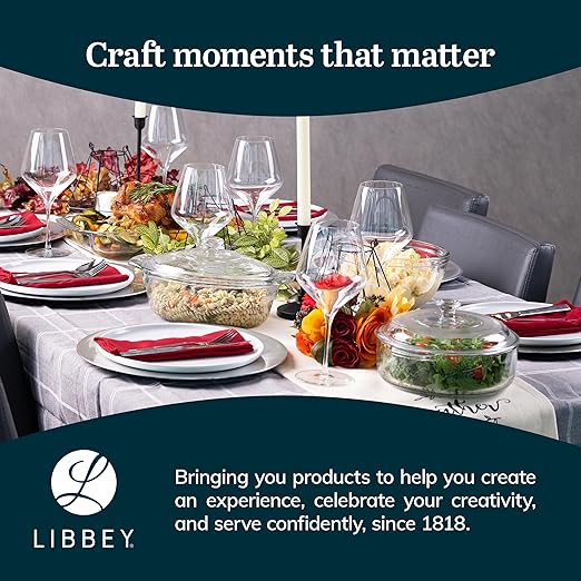 Libbey Round Casserole Dish with Lid, Elegant Glass Bakeware with Lids Stackable, Round Casserole Dishes for Oven, Refrigerator, Microwave, and More