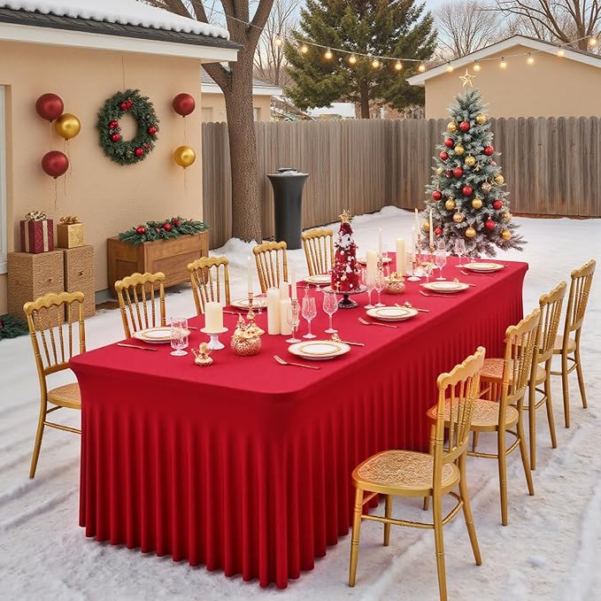6 Pack Red Rectangle Tablecloth with Elastic Table Skirt – 6FT Fitted Spandex Table Cover, 72 Inch Wrinkle-Resistant & Stretchable for Christmas Wedding Banquet Party Buffet Restaurant
