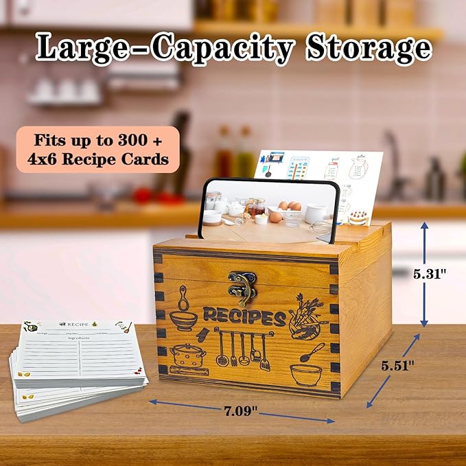 Wooden Recipe Box with Cards and Dividers, 4x6 Recipe Card Box Set, Recipe Organizer with Double Lid Slots (Phone Holder & Recipe Holder)