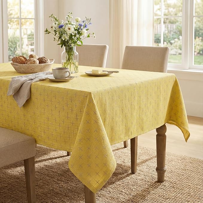 Horaldaily Yellow Rectangular Table Cloth, Cross-Star Solid Textured Embroidery Tablecloth, Wrinkle Free Washable 60×140 Inch Table Cover for Kitchen, Party, Wedding, Picnic, Outdoor