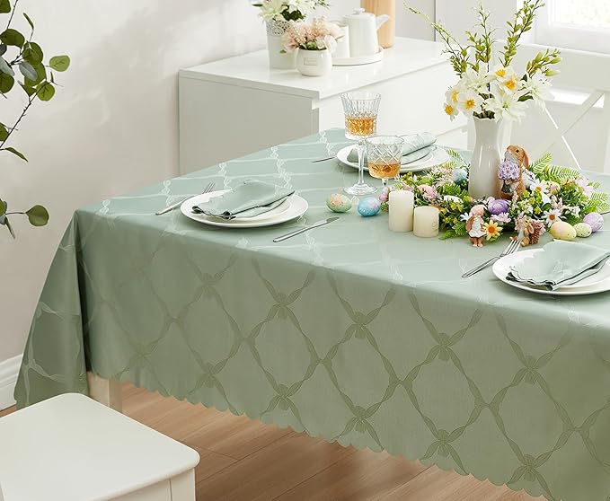 Newbridge Ribbons and Bows Damask Spring & Easter Holiday Fabric Tablecloth, Sage Green, 60 x 84 Inch Rectangle, Wrinkle & Stain Resistant Table Cover