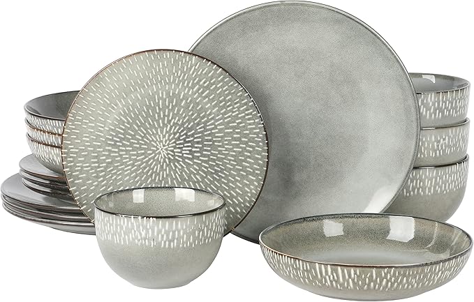 Gibson Elite Matisse 16-Piece Double Bowl Dinnerware Set, Service for 4 – Green Stoneware Plates and Bowls