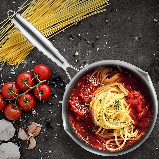 Tri-Ply Stainless Steel Sauce Pan with Steamer Basket & Strainer Glass Lid–Multi-Function Pot 2.5 QT- Modern Sleek Design–Safe,Chemical-Free& Stylish Cookware–Upgrade Your Kitchen with Healthy Cooking