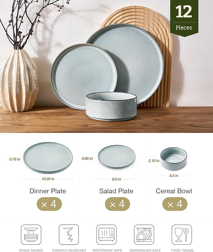 Famiware Annecy Plates and Bowls Sets, 12 Pieces Dinnerware Sets, Microwave and Dishwasher Safe Dishes Set for 4, Chip and Scratch Resistant, Grey-Blue