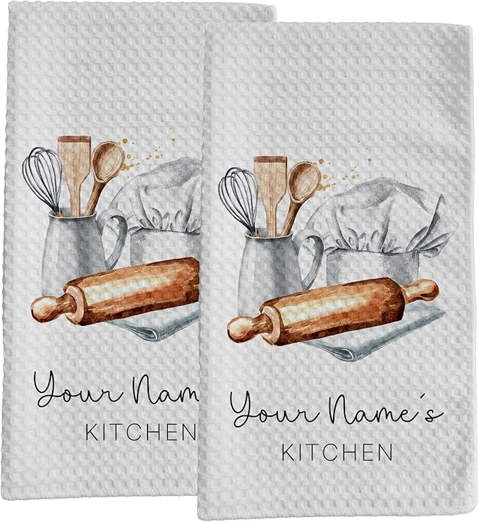 Personalized Kitchen Towel | Custom Tea Towel | Watercolor Utensil Dish Towel | Kitchen Decor | Hand Towel Gift Set | Waffle Weave Dishcloth (Pack of 2 Towels, Design 3)