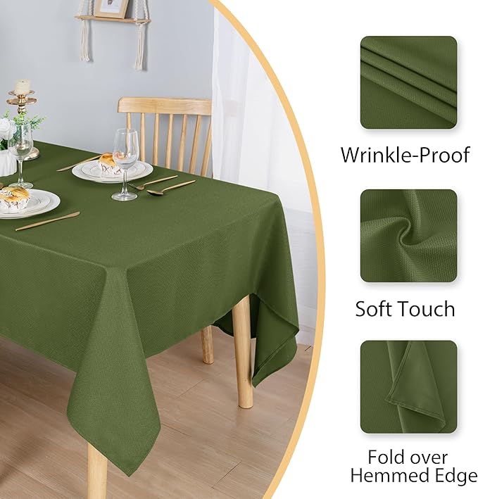 Hiasan 60 X 120 Inch Rectangle Textured Tablecloth - Waterproof Spillproof Antiwrinkle Jacquard Table Cloth for Kitchen and Dining Dinner, Outdoor Picnic, Holiday and Parties, Olive Green