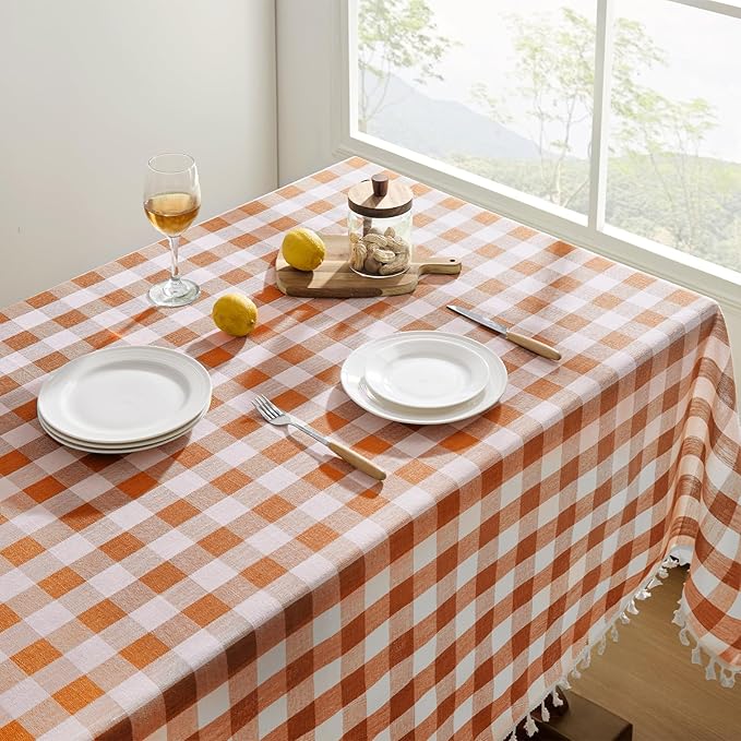 Softalker Fall Checkered Tablecloth Rectangle, Heavy Weight Linen Cotton Gingham Thanksgiving Orange Table Cloth with Tassel, Wrinkle Free Buffalo Plaid Table Cover for Dining Party- 55 x 70 Inch