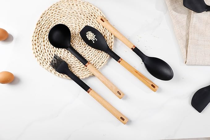 Silicone Cooking Utensils Set, Kitchen Utensils Set 13 Pcs for cooking, BPA Free Spatula Set with Heat Resistant Wood Handles for Nonstick Cookware (Black)