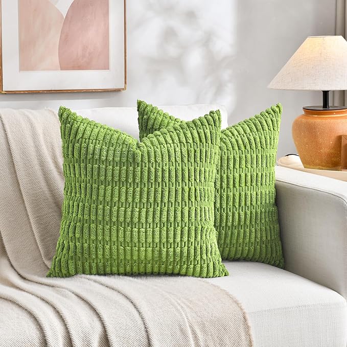 Fancy Homi 4 Packs Boho Lime Green Decorative Throw Pillow Covers 22x22 Inch for Couch Bed Sofa, Rustic Modern Farmhouse Home Decor, Soft Plush Corduroy Cute Square Cushion Case 55x55 cm