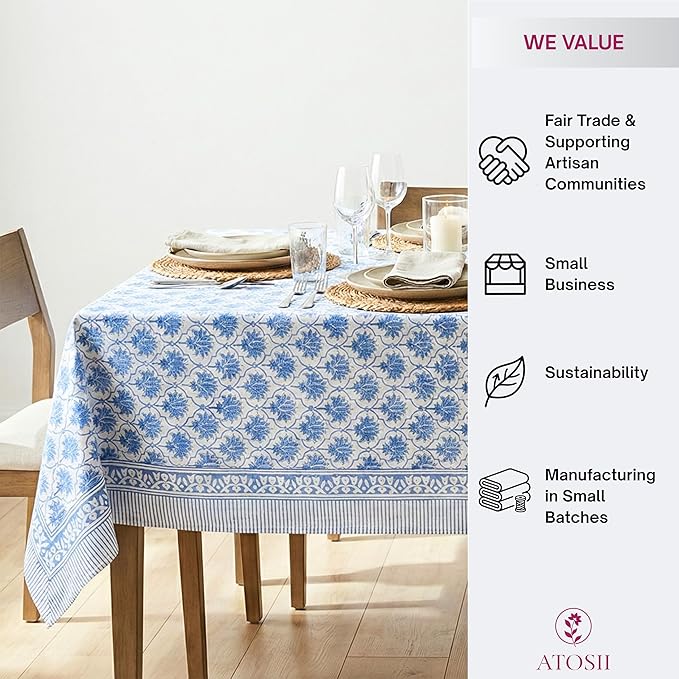ATOSII Padma Blue 100% Cotton Rectangle Summer Tablecloth, Indian Block Print Floral Table Cloth I Dining Parties Weddings Outdoors Holidays 60 X 108 Inches, 8 Seater I Grandmillennial Farmhouse Boho