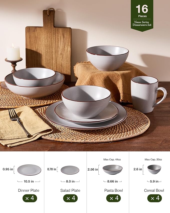 Famiware Venus Speckled Dinnerware Set with Pasta Bowls, Service for 4 (16 Pieces), Stoneware Plates and Double Bowls Sets, Microwave & Dishwasher-Safe Dishes with Trim, Matte Light Grey