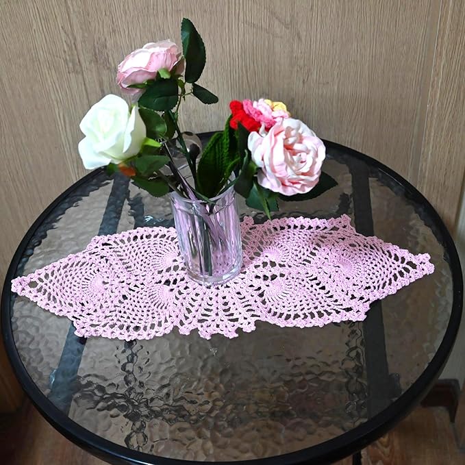 BIBITIME Crochet Lace Table Doilies Eyes Flower Doily Kitchen Vase Place Mats (7 in x 21 in,Pack of 1PC, Style02-Pink)