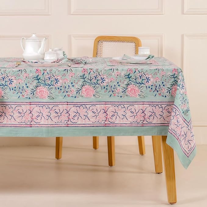 Hand Block Printed Table Cover - Exquisite Design, Premium Cotton Fabric, Perfect for Dining and Decor, Dining Table Linen(Mint Green,10 Seater 72 x 118 Inches Rectangle)